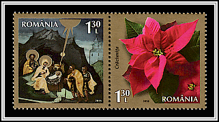 Nativity Icon, Putna Monastery and Poinsettia (Euphorbia pulcherrima)
