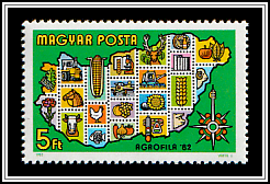Map of Hungary with Agricultural Products, Compass Rose
