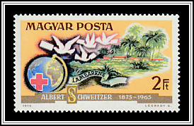 View of Lambarene, Doves, Globe and Red Cross Emblem