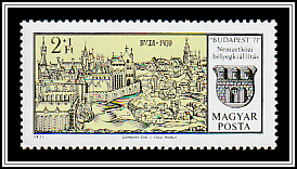 Historical Copperplate Engraving Buda Around 1470, City Coat of Arms